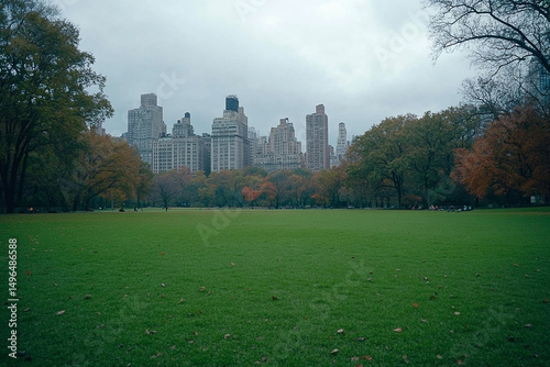 Urban oasis green lawn with city skyline backdrop and autumn foliage