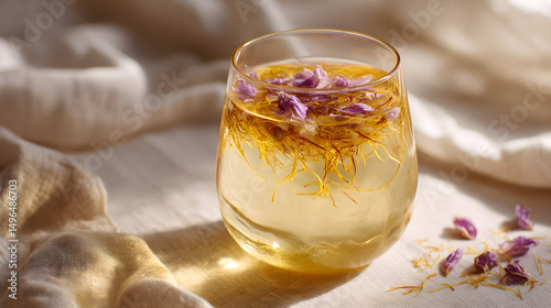 Luxurious saffron rose almond milk tonic in clear glass with gold and linen details (AI Image) photo