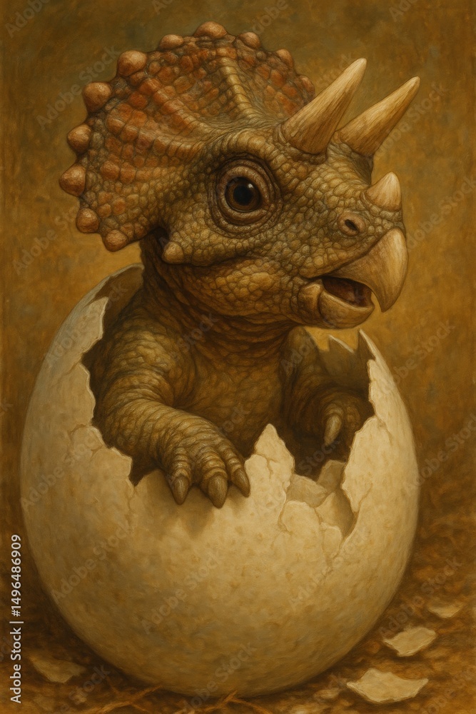 Fototapeta premium Newly hatched triceratops emerging from egg in prehistoric setting