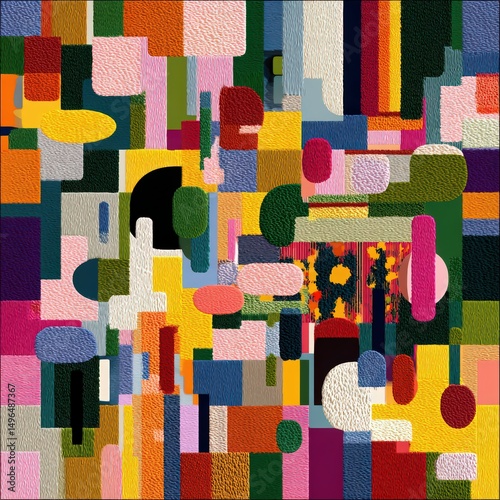 Vibrant Abstract Composition Featuring Geometric Shapes and Textures in a Colorful Tapestry of Artistry and Creativity Exploration