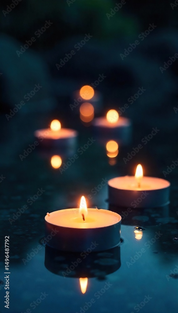 Several floating candles illuminate a dark, tranquil water surface, creating a serene and magical atmosphere Perfect for spa, relaxation, meditation, or fantasy themes , calm, lighting, liquid Several floating candles illuminate a dark, tranquil water surface, creating a serene and magical atmosphere Perfect for spa, relaxation, meditation, or fantasy themes , calm, lighting, liquid