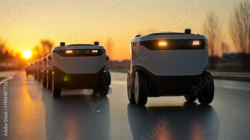 Autonomous Delivery Robots Advancing on a Wet Road at Sunset Representing Future Logistics