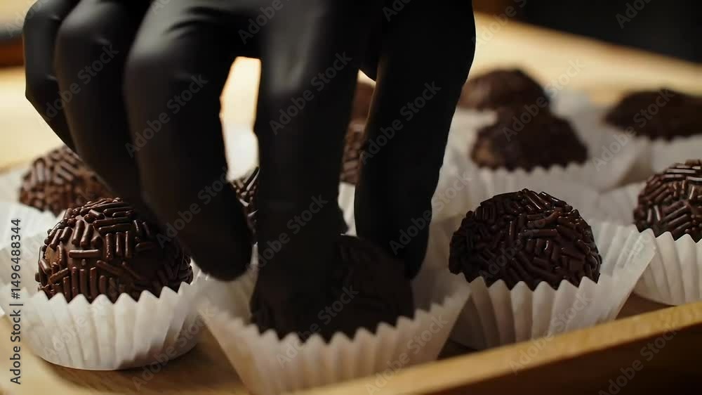 Placing Perfect Brigadeiros into Paper Cups on Wooden Tray – Cinematic Food Preparation Scene