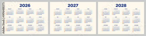 Three-year calendar for 2026-2028, horizontal design