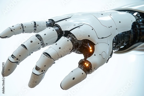 Close-up of a futuristic robotic hand with articulated fingers and glowing orange lights, showcasing advanced mechanical design and technology