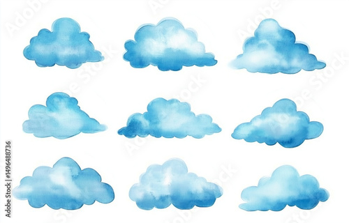 Watercolor Blue Clouds on White Background  Flat Lay Illustration in Minimalist Style with Soft Textures for Elegant, Calm, and Creative High-Quality Design Projects