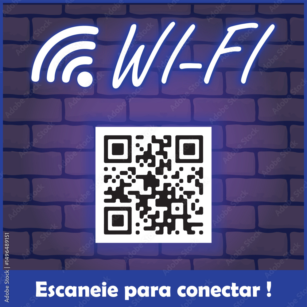Placa Neon Wi-Fi Grátis com QR Code. Arte nas Cores Branco e Azul com Textura de Tijolos ao Fundo.	
