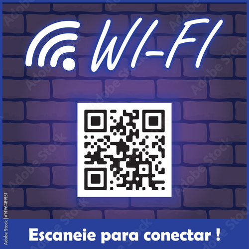 Placa Neon Wi-Fi Grátis com QR Code. Arte nas Cores Branco e Azul com Textura de Tijolos ao Fundo.	