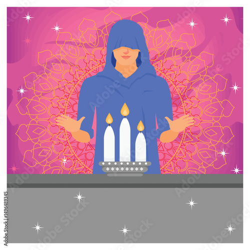 A hooded male monk stands near burning candles, performing a mysterious religious ritual.