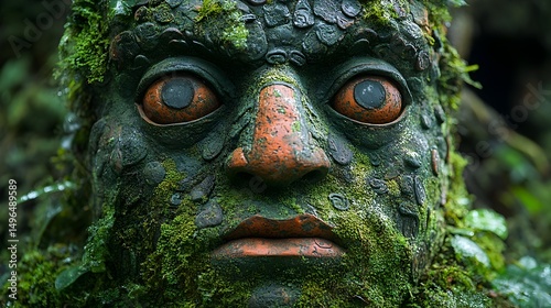 Moss-covered stone face with orange accents and large, unsettling eyes, set against a dark, verdant background