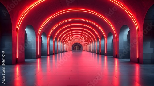 Red neon arches illuminate a reflective, arched hallway with grey stone walls and a vanishing point at the end