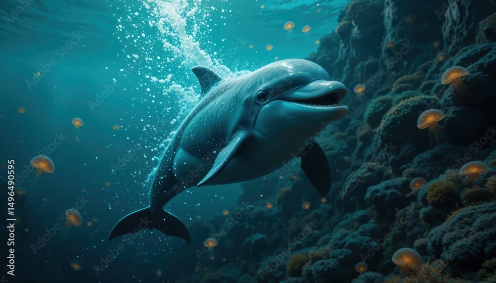 Naklejka premium a smiling dolphin breaching near an underwater