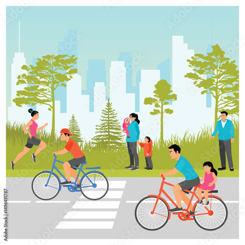 Outdoor Family Activities in a Urban Park Setting Featuring Biking and Running.