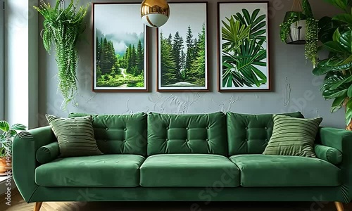 Modern Living Room with Green Velvet Sofa, Lush Plants, and Forest-Inspired Wall Art