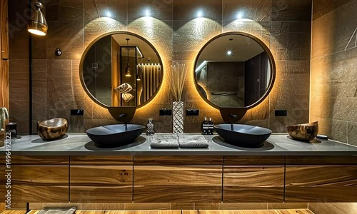 Modern Ensuite Bathroom with Wall-Mounted Timber Vanity, Black Basin, and Pill-Shaped Mirrors in Black and Beige Tones