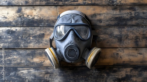 Grey gas mask with clear visor hangs on weathered wood backdrop