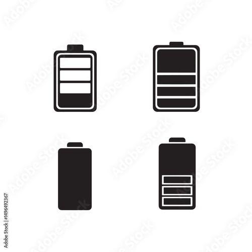 Vector illustration showcasing four black and white battery icons depicting different charge levels useful for digital design and user interface elements