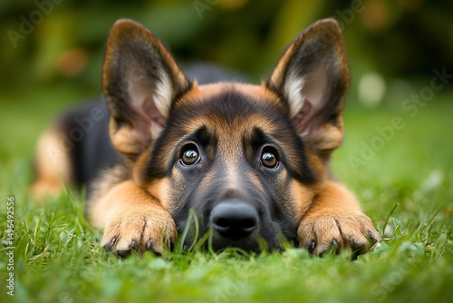 Inquisitive gaze of a german shepherd puppy lying in vibrant green grass