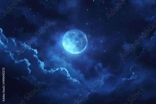 Celestial sphere with ethereal moon illuminating night filled fluffy clouds