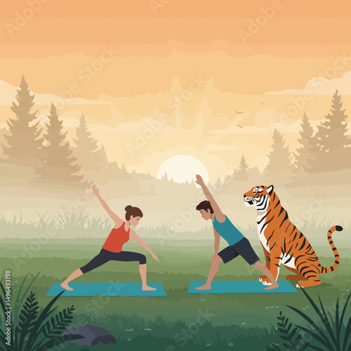 People Practicing Yoga Outside with Tiger at Sunrise Nature Scene