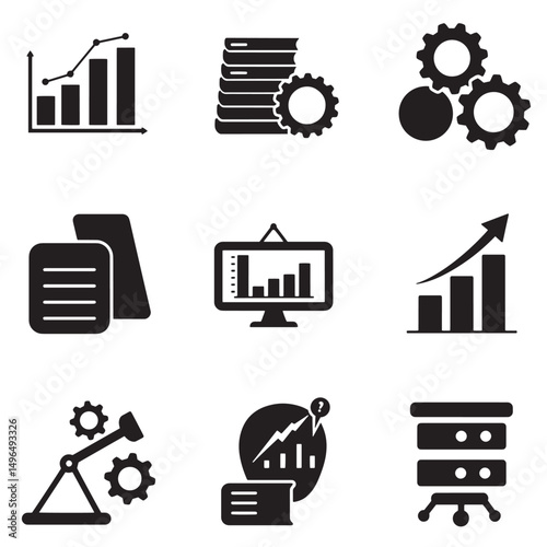 A collection of business and financial analytics icons presenting data trends and strategies with a silhouette style design