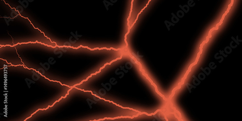 A fractal lightning bolt branching infinitely across a dark sky. red thunder lightning in black background. dramatic display of vivid red lightning bolts illuminates dark sky nature power. 