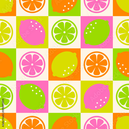 Colorful geometric citrus fruits seamless  square pattern design for summer holidays background.