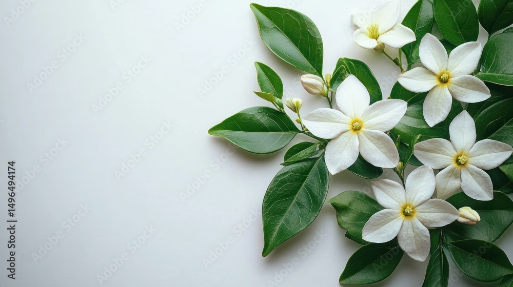 Fototapeta premium Arrangement of fresh white five-petaled flowers with yellow centers and glossy green leaves on a plain white background conveying simplicity and natural beauty