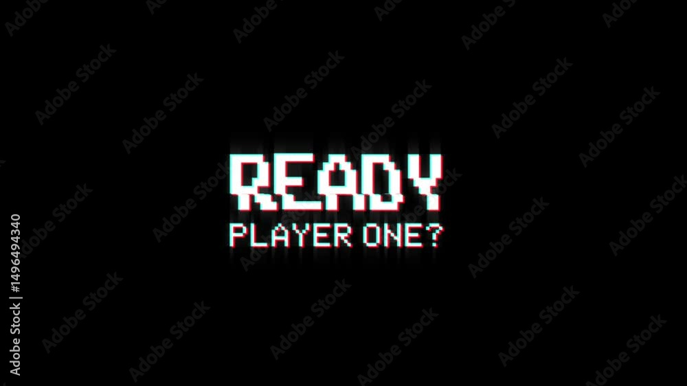 ready player one 8-bit pixel text animation with dynamic glitch distortion effect. dynamic motion video game black green screen. ready player 1. one ready player