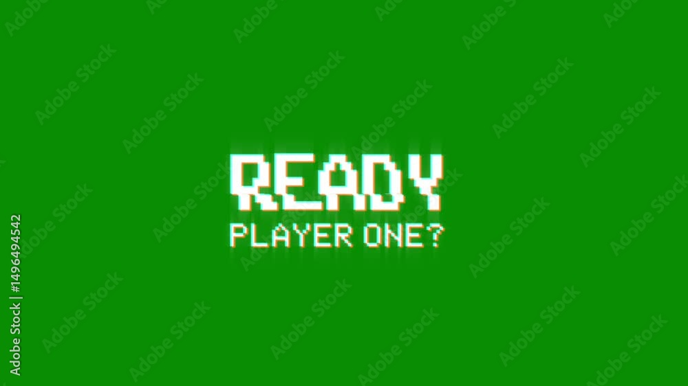 ready player one 8-bit pixel text animation with dynamic glitch distortion effect. dynamic motion video game black green screen. ready player 1. one ready player