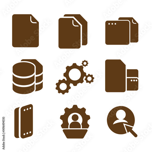 Set of nine brown silhouette icons depicting data documents gears databases and user interface elements in a simplified minimalist style.