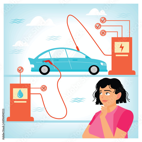 A Woman Thinking Charging Car with Battery or Fuel.