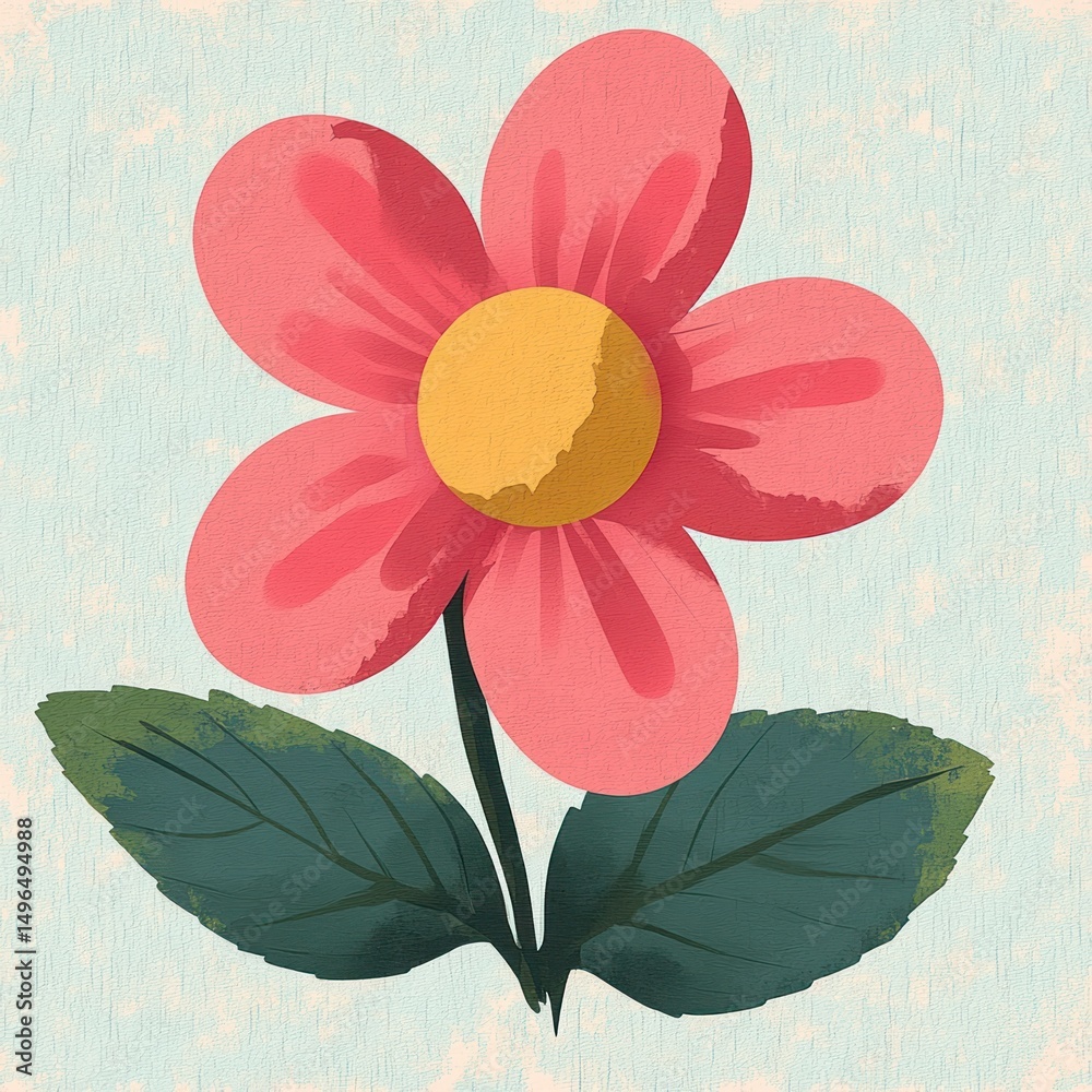 Naklejka premium Illustration of a bright pink flower with five petals, a yellow center, and large green leaves on a light textured background, evoking a cheerful and fresh feeling