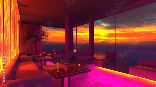 Island sunset restaurant with ambient lighting and soft seating