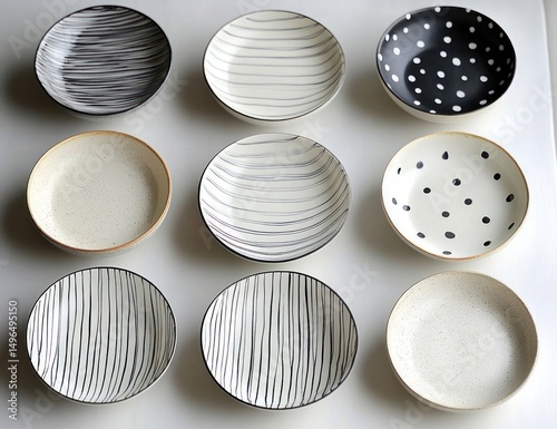 Nine ceramic bowls arranged in a grid featuring black and white designs including stripes, dots, and speckles on a light surface