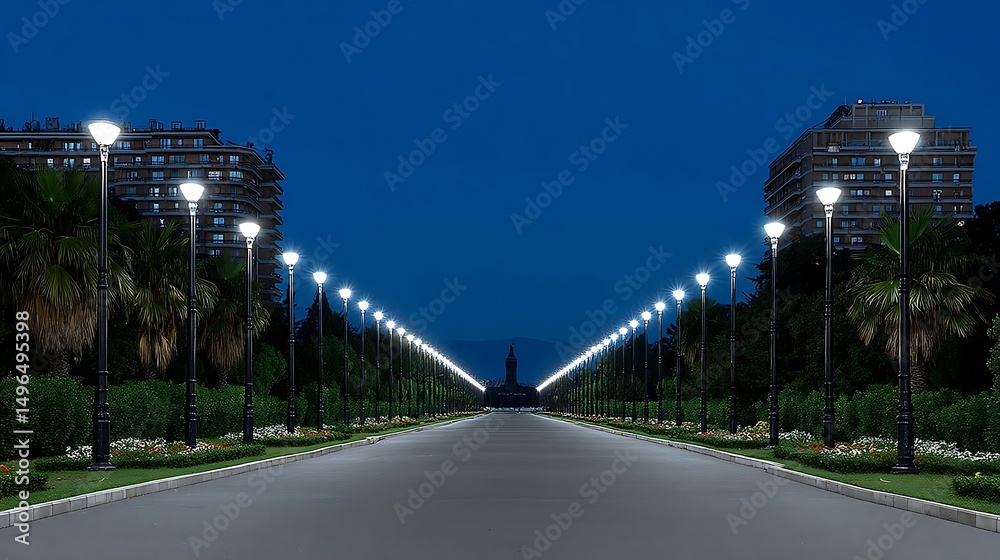 Naklejka premium Night Cityscape: Illuminated Avenue