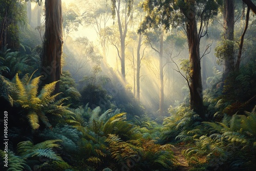 Exploring the lush subtropical forest of southern Victoria with vibrant ferns and dappled sunlight, Exotic nature of sub-tropical forest in southern Victoria, Australia