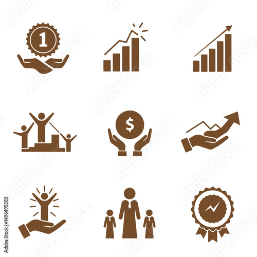 Collection of business and financial achievement symbols depicting growth success teamwork investment and recognition in a brown silhouette style