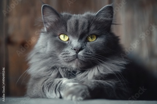 Thickfurred gray cat relaxing with striking golden eyes in a cozy indoor setting, beautiful thick furred gray cat  seamless ing timelapse virtual Photo Background