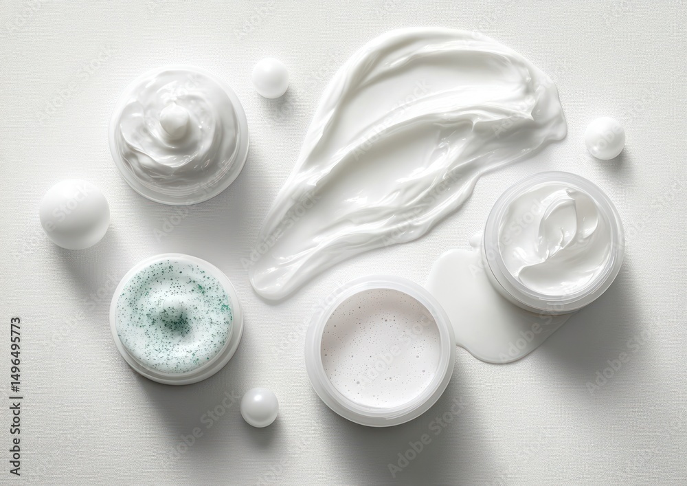 Fototapeta premium Various jars of white cosmetic creams and lotions with smooth and textured surfaces arranged on a white background, conveying freshness and skincare beauty