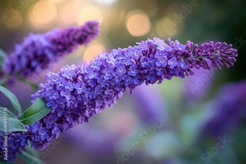 Close-up of vibrant purple flower clusters on green stems with soft bokeh background creating a peaceful and natural atmosphere
