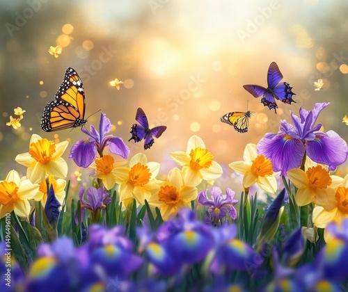 Bright spring garden with yellow daffodils and purple irises surrounded by colorful butterflies in soft glowing sunlight