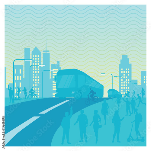 Urban Transit Scene with Modern Public Transport and Pedestrians.