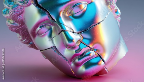 A cracked, iridescent classical sculpture head with rainbow reflections lies on a pink surface, blending ancient art with modern surrealism.