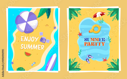 Fun summer beach illustrations with umbrella, surfboard, pool float, camera, and tropical elements for vacation and party themes
