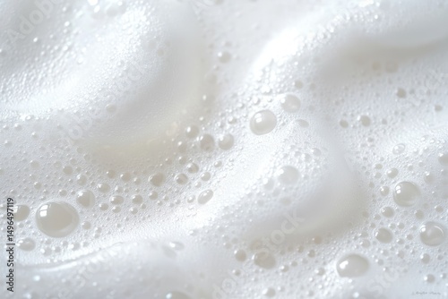 Close-up of soft white foam bubbles with various sizes floating on a smooth surface creating a light and airy texture