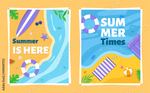 Colorful summer beach flat design illustration with vacation elements like lifebuoys, surfboard, starfish, umbrella, and ocean waves

