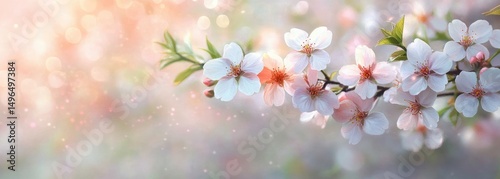 Delicate white and pink cherry blossoms on a branch bathed in soft warm sunlight with a dreamy bokeh background