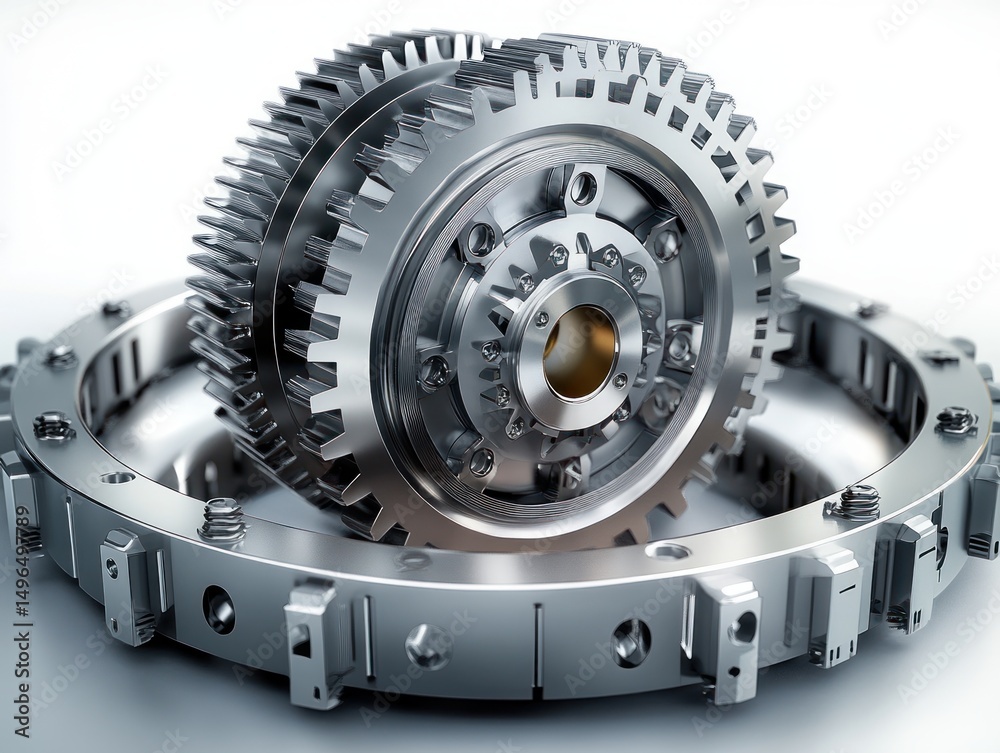 Close-up view of shiny metallic gear wheels and ring gear assembly with intricate teeth and bolts reflecting light on a smooth surface Close-up view of shiny metallic gear wheels and ring gear assembly with intricate teeth and bolts reflecting light on a smooth surface