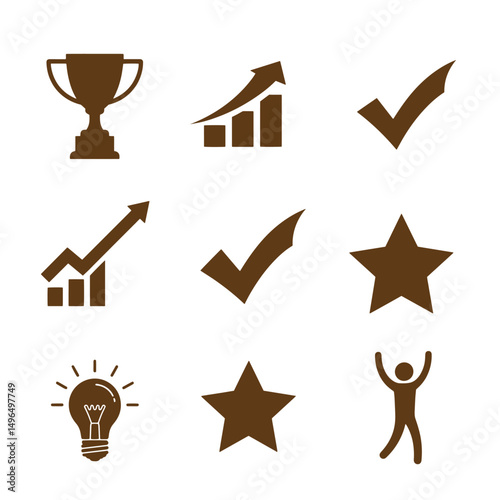 Collection of brown silhouette icons representing achievement progress success ideas and positive affirmation symbols on white background